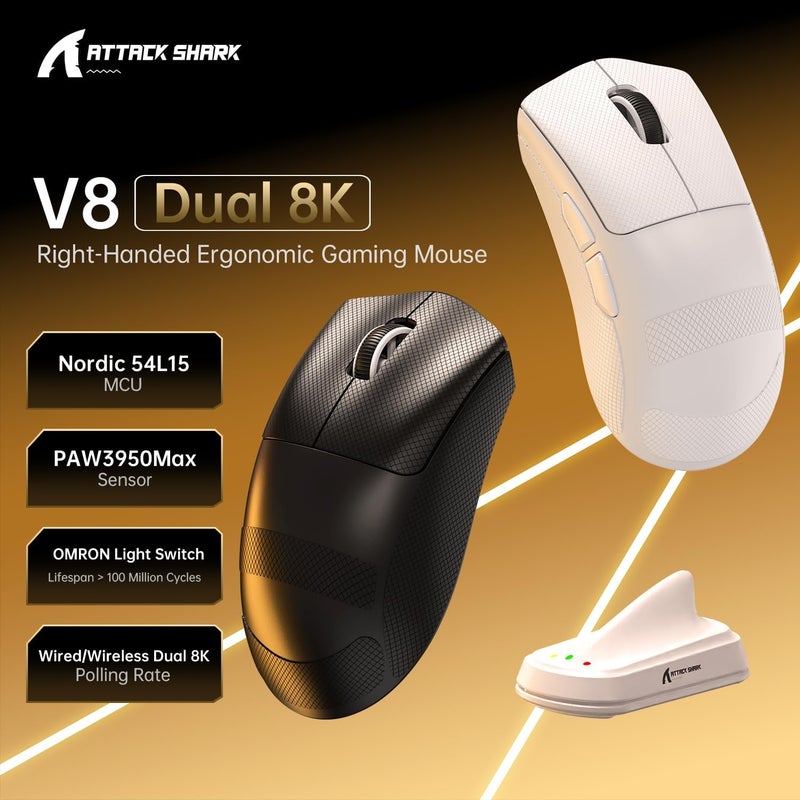 MAMBASNAKE فأرة ألعاب لاسلكية x ATTACK SHARK V8، وزن فائق الخفة 59 جرام، مستشعر PAW3950MAX، دونغل SHARK 8K، ثلاثية الأوضاع (2.4G/بلوتوث/سلكي)، تصميم مريح لليد اليمنى، برنامج قائم على الويب - Image 2