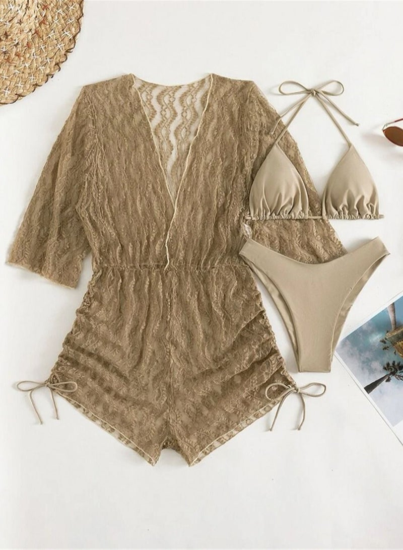 Loquat 3 Piece bikini Conservative High-waisted Swimwear Brown - Image 1