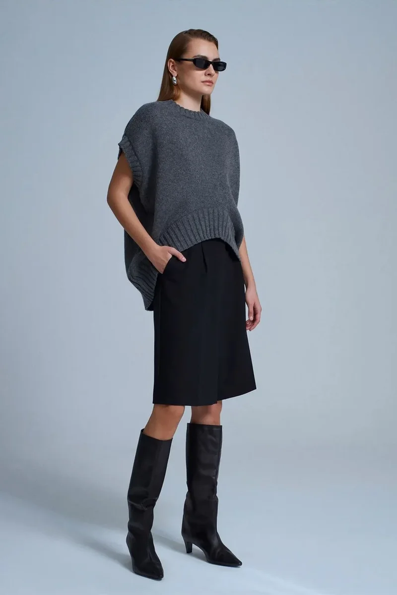 Dilvin Charcoal Grey DILVIN Oversized Ribbed Knit Sweater Vest for Women | Best Price UAE