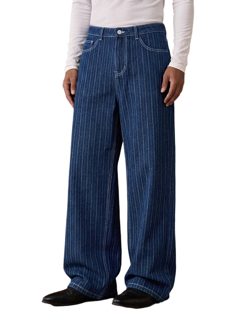 Men'S Vintage Indigo Blue Pinstripe Wide Leg Jeans, Loose Fit Baggy Denim Pants with Contrast White Stitching, Casual Streetwear Trousers for Daily Wear, Retro Workwear Style Straight Leg Je - Image 1