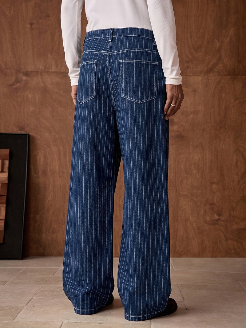Men'S Vintage Indigo Blue Pinstripe Wide Leg Jeans, Loose Fit Baggy Denim Pants with Contrast White Stitching, Casual Streetwear Trousers for Daily Wear, Retro Workwear Style Straight Leg Je - Image 5