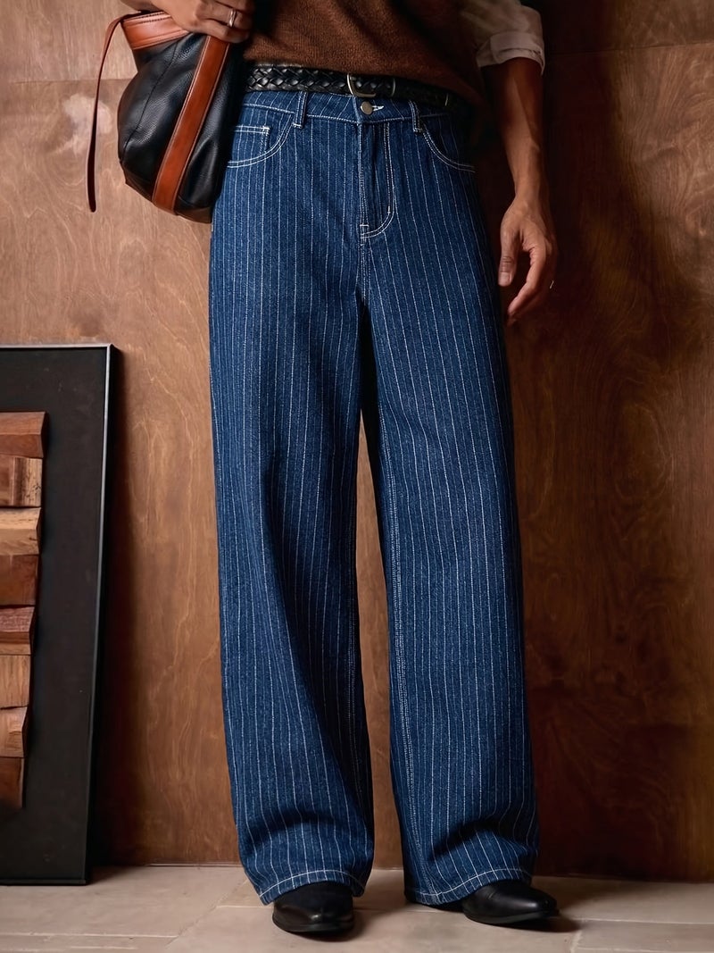 Men'S Vintage Indigo Blue Pinstripe Wide Leg Jeans, Loose Fit Baggy Denim Pants with Contrast White Stitching, Casual Streetwear Trousers for Daily Wear, Retro Workwear Style Straight Leg Je - Image 2