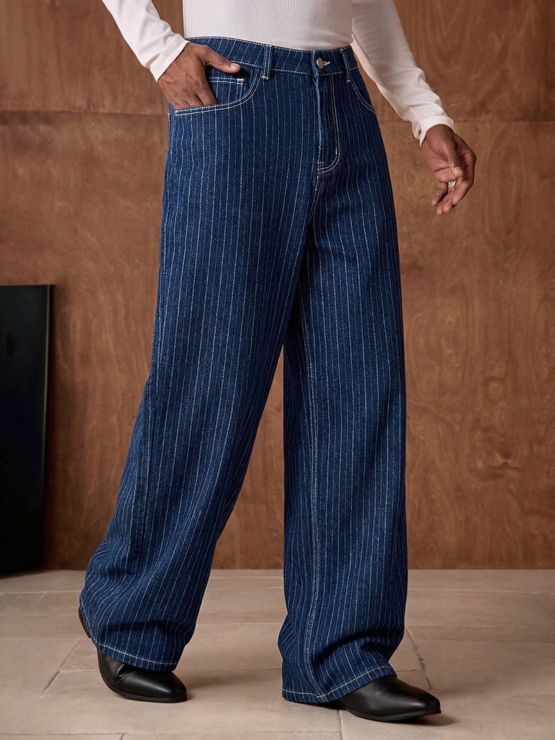 Men'S Vintage Indigo Blue Pinstripe Wide Leg Jeans, Loose Fit Baggy Denim Pants with Contrast White Stitching, Casual Streetwear Trousers for Daily Wear, Retro Workwear Style Straight Leg Je - Image 4