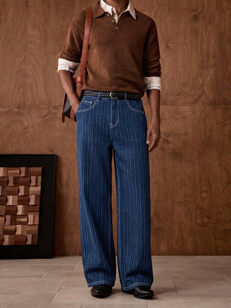 Men'S Vintage Indigo Blue Pinstripe Wide Leg Jeans, Loose Fit Baggy Denim Pants with Contrast White Stitching, Casual Streetwear Trousers for Daily Wear, Retro Workwear Style Straight Leg Je - Image 3