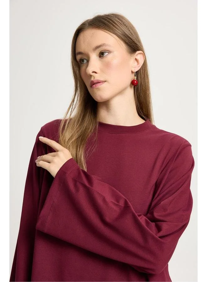 mina aise Burgundy Crop Wide Sleeve Oversized Basic T‑shirt.