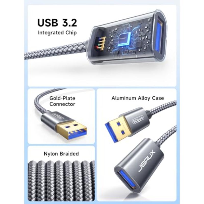2Pack 10FT+10FT USB 3.0 Extension Cable, Type A Male to Female, Nylon Braided, Grey, for Webcam Camera Phone USB Hub Mouse Keyboard Printer Hard Drive Xbox - Image 3