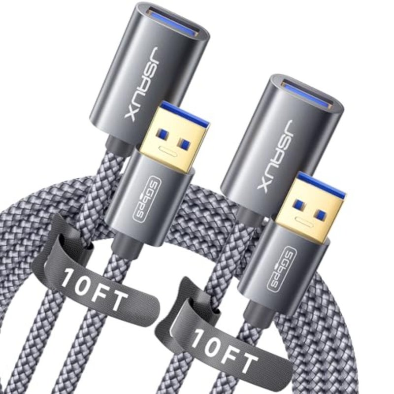 2Pack 10FT+10FT USB 3.0 Extension Cable, Type A Male to Female, Nylon Braided, Grey, for Webcam Camera Phone USB Hub Mouse Keyboard Printer Hard Drive Xbox - Image 1