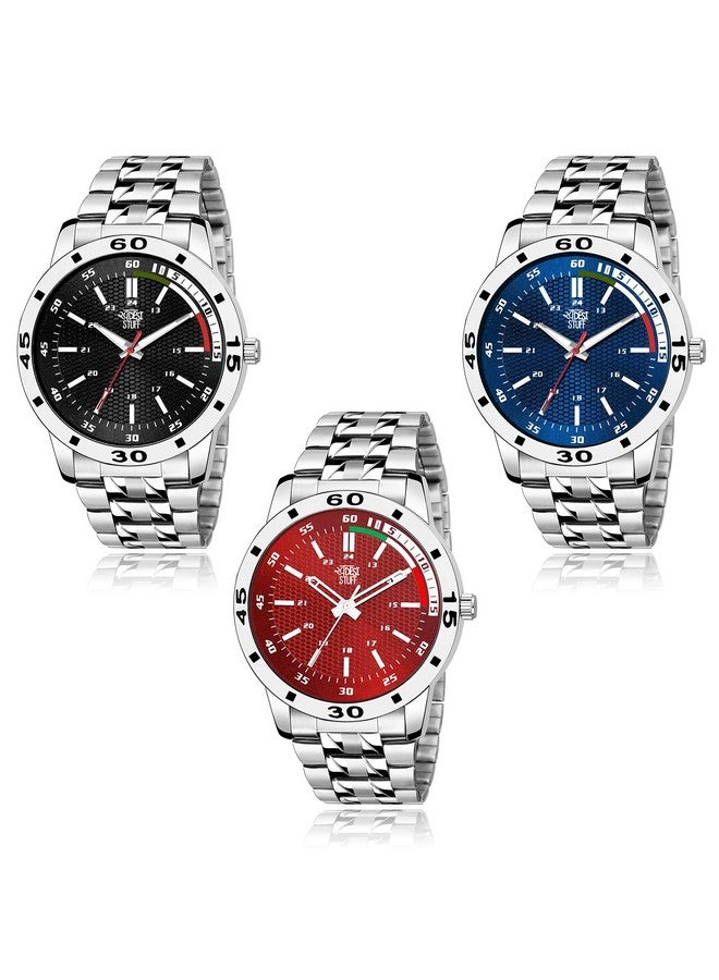 SWADESI STUFF Stainless Steel Pack of 3 Multicolor Dial Analogue Watch for Men and Boys, Silver Band - Image 1