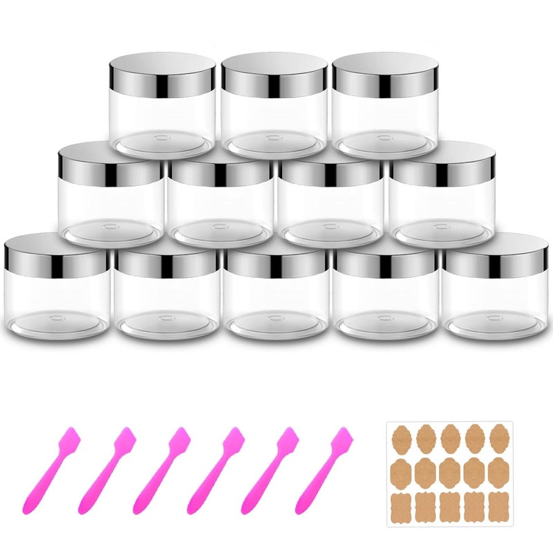 AMORIX 12 Pack 6 oz Plastic Cosmetic Containers With Silver Lids Refillable Clear Empty Travle Jars Containers for Body Butter,Sugar Scrubs,Cream,Lotions,Candy, Label&Spatulas - Image 1