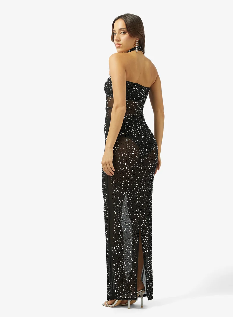 Ginger Halter Neck Bead Embellished Evening Dress