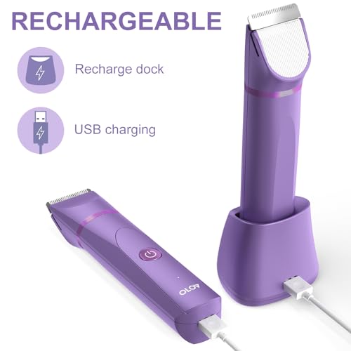 OLOV Electric Body Hair Trimmer - Groin Trimmer for Men - Bikini Trimmer Women - Wet/Dry Shaver Groomer, Replaceable Ceramic Blade Heads, USB Recharge Dock, Waterproof Hygiene Razor, Bright Purple - Image 5