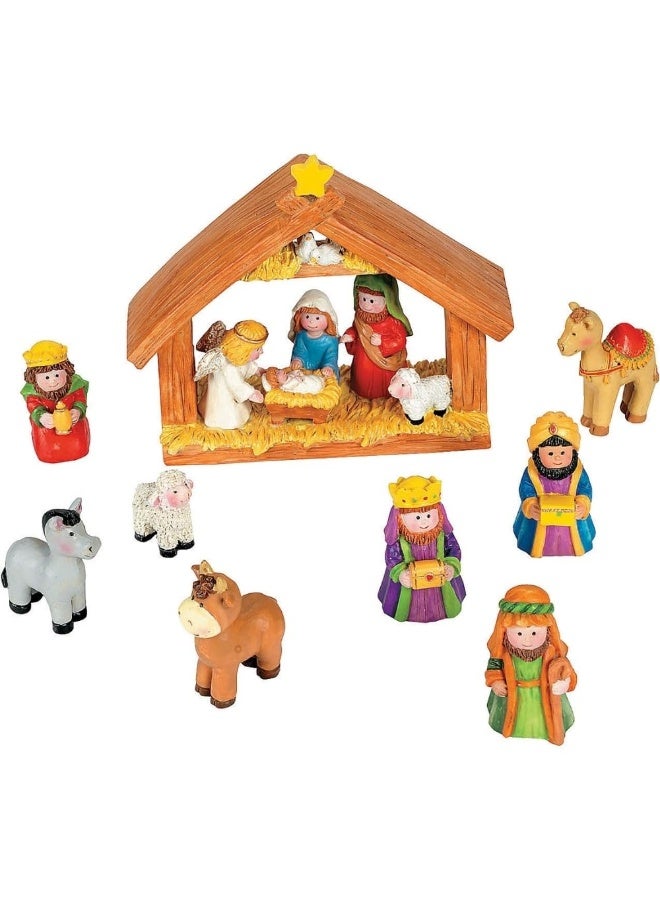Fun Express Mini Christmas Nativity Set Stable with Jesus Mary Joseph Wisemen - 9 Pieces Red, Blue, Green, Beige, Brown - Image 1