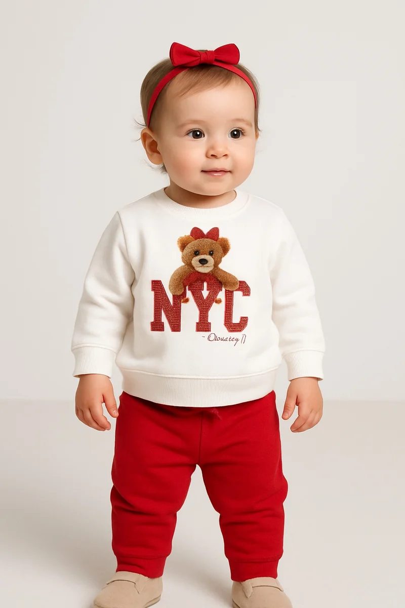 victor and jane Baby Girl NYC Bear Fleece Tracksuit – Cream &amp; Red 2-Piece Set