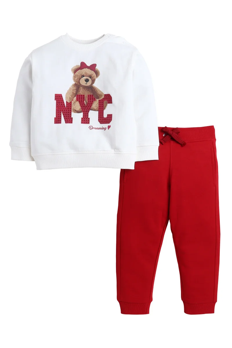 victor and jane Baby Girl NYC Bear Fleece Tracksuit – Cream &amp; Red 2-Piece Set