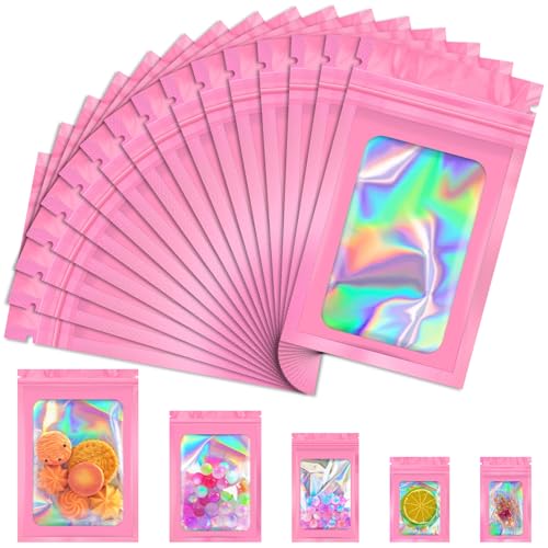 JETMORE 100 PCS Mylar Bags, Pink Holographic Bags, Smell Proof Bag, Resealable Bag for Small Business, Packaging, Food Storage, Bracelets, Jewelry（5.5x7.9in） - Image 1