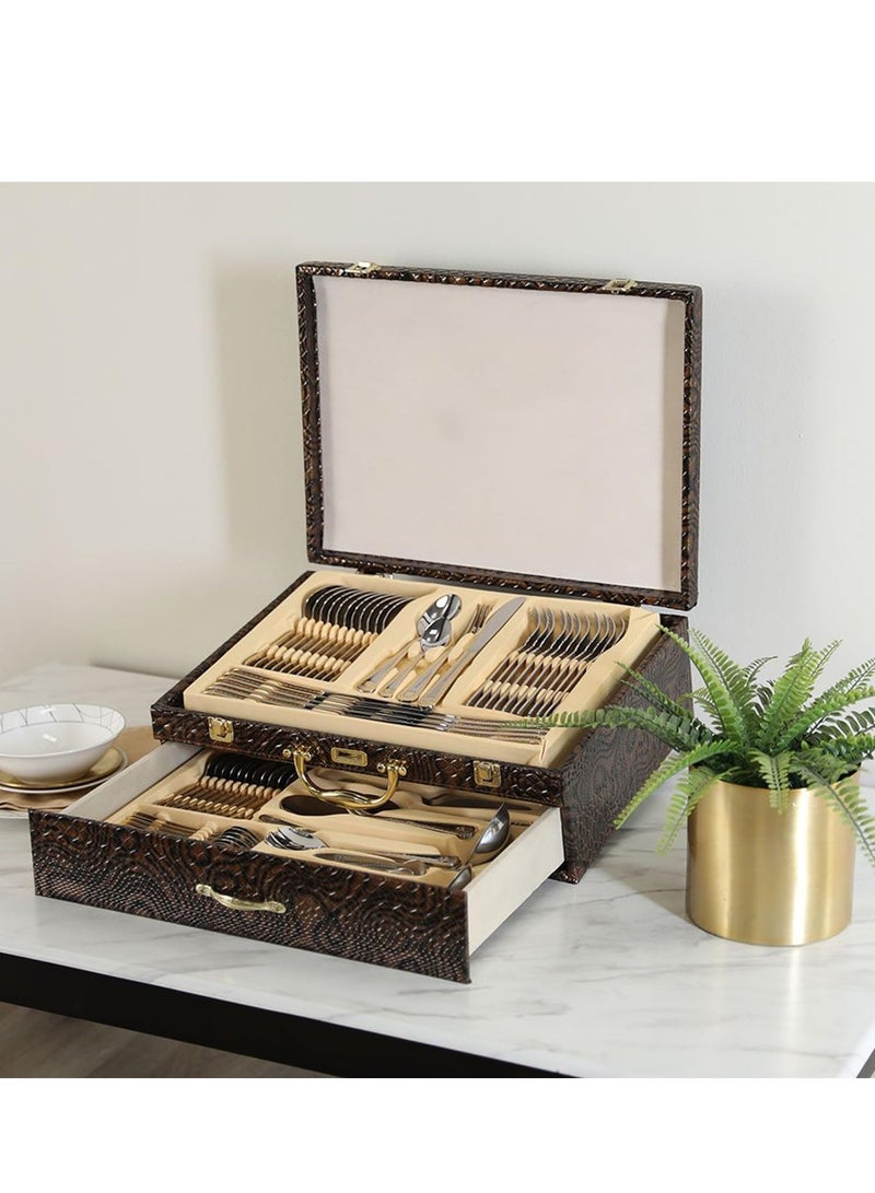 ريكو طقم أدوات مائدة مع حافظة جلدية - ستانلس ستيل فاخر 18/10 | طقم أدوات مائدة 84 قطعة | طقم أدوات مائدة فضي | علبة جلدية من البولي يوريثان | طقم أدوات مائدة لهدايا الزفاف - Image 1