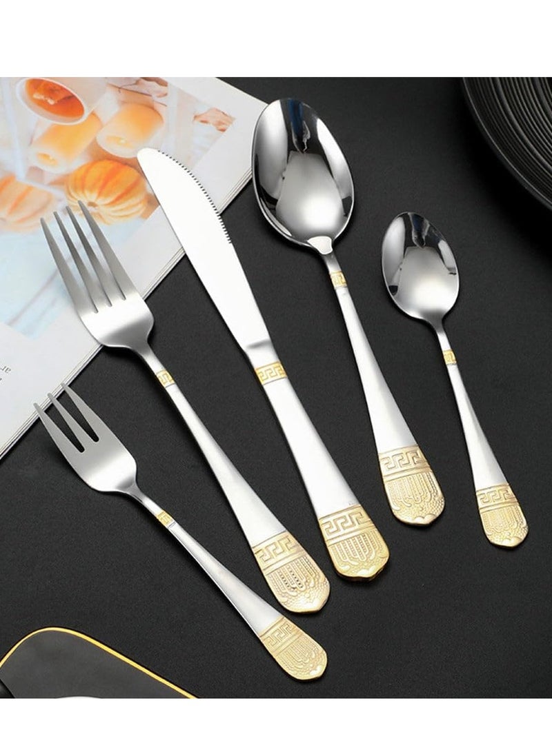 ريكو طقم أدوات مائدة مع حافظة جلدية - ستانلس ستيل فاخر 18/10 | طقم أدوات مائدة 84 قطعة | طقم أدوات مائدة فضي | علبة جلدية من البولي يوريثان | طقم أدوات مائدة لهدايا الزفاف - Image 2