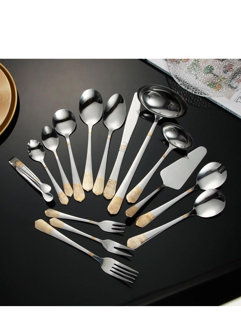 ريكو طقم أدوات مائدة مع حافظة جلدية - ستانلس ستيل فاخر 18/10 | طقم أدوات مائدة 84 قطعة | طقم أدوات مائدة فضي | علبة جلدية من البولي يوريثان | طقم أدوات مائدة لهدايا الزفاف - Image 3