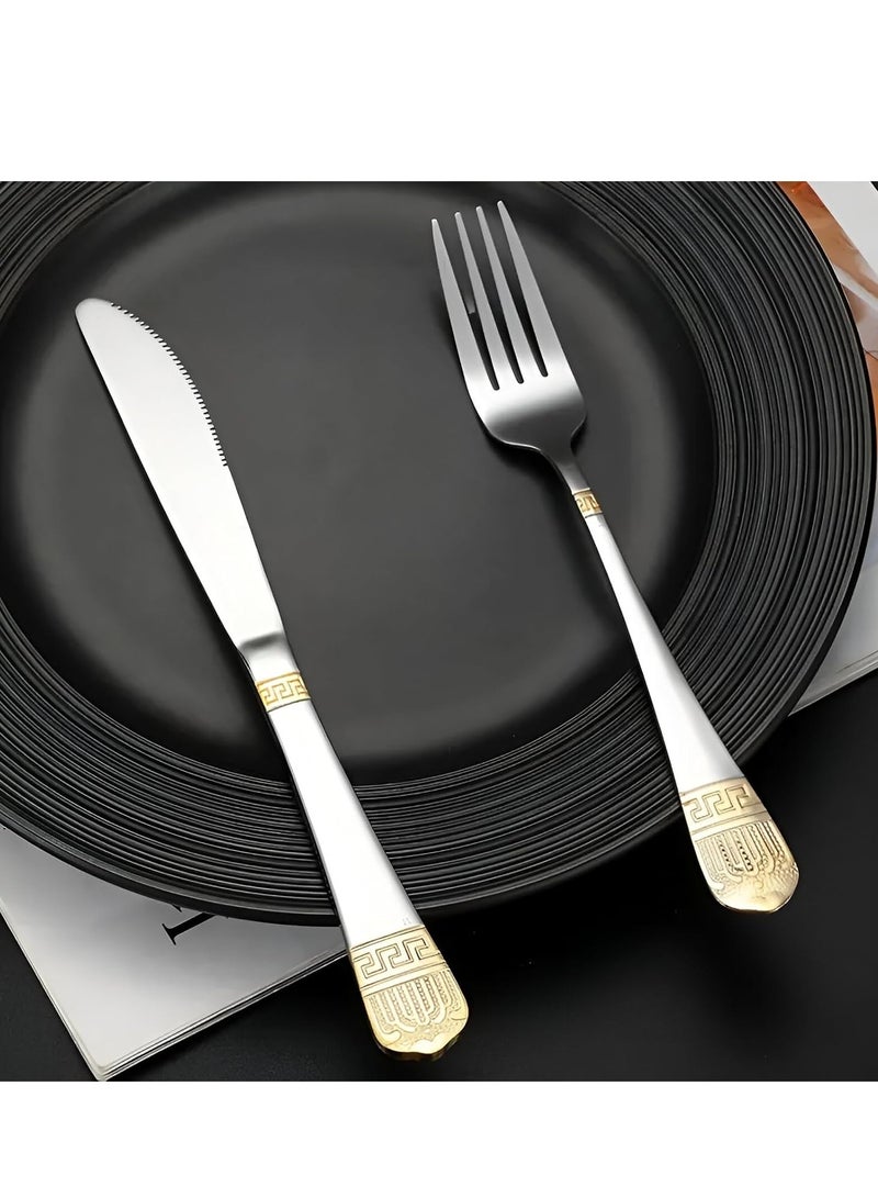 ريكو طقم أدوات مائدة مع حافظة جلدية - ستانلس ستيل فاخر 18/10 | طقم أدوات مائدة 84 قطعة | طقم أدوات مائدة فضي | علبة جلدية من البولي يوريثان | طقم أدوات مائدة لهدايا الزفاف - Image 5