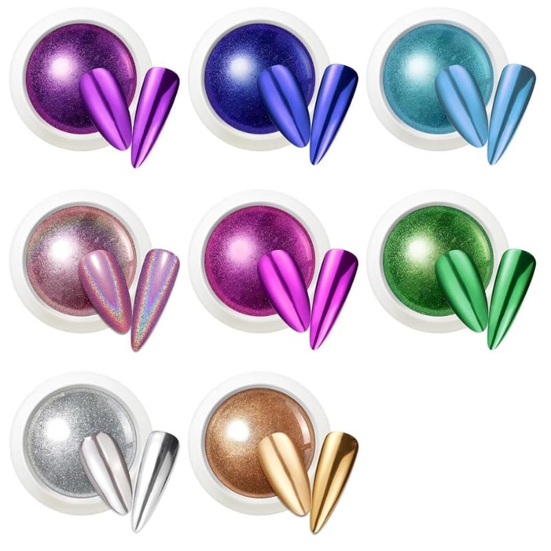Brille Bee 8Color Chrome Nail Powder Set  Holographic Mirror Effect Pigments in Pink Purple Blue Green Silver Gold  Rainbow for DIY Manicure Art - Image 1