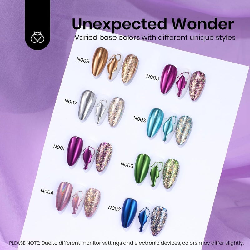 Brille Bee 8Color Chrome Nail Powder Set  Holographic Mirror Effect Pigments in Pink Purple Blue Green Silver Gold  Rainbow for DIY Manicure Art - Image 2