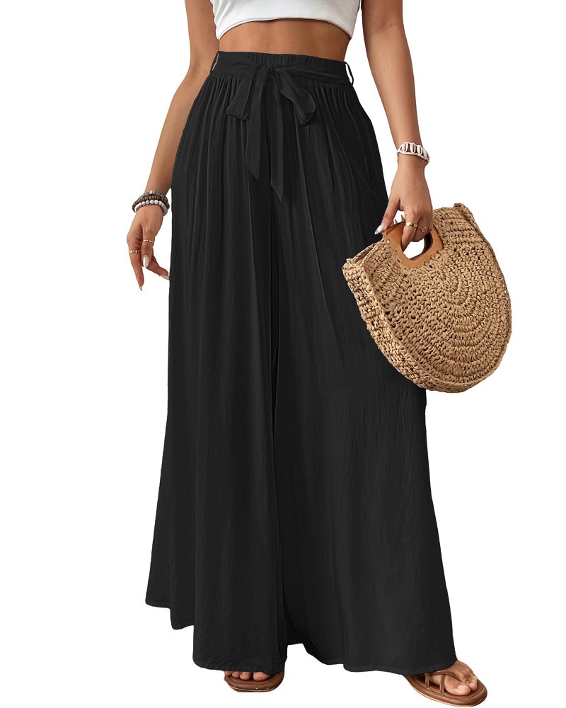 Bsubseach Wide Leg Pants Woman Flowy Floral Palazzo Pants for Women High Waisted Summer Casual Trousers Cruise Outfits Black M - Image 1