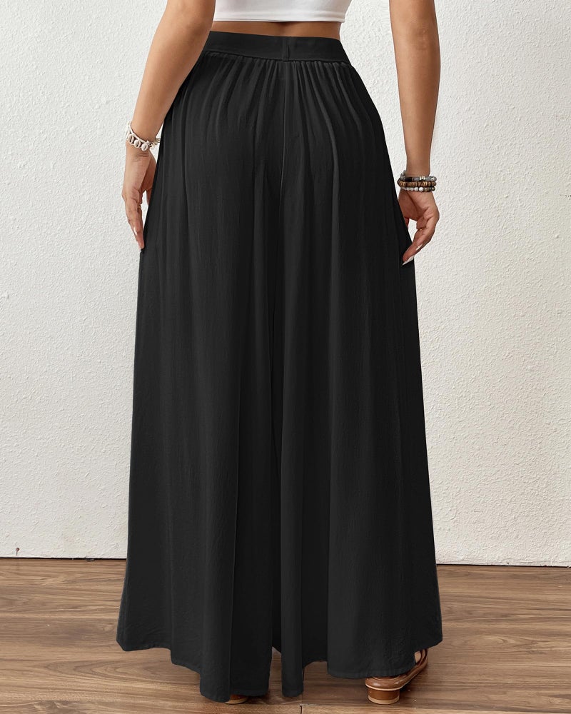 Bsubseach Wide Leg Pants Woman Flowy Floral Palazzo Pants for Women High Waisted Summer Casual Trousers Cruise Outfits Black M - Image 5