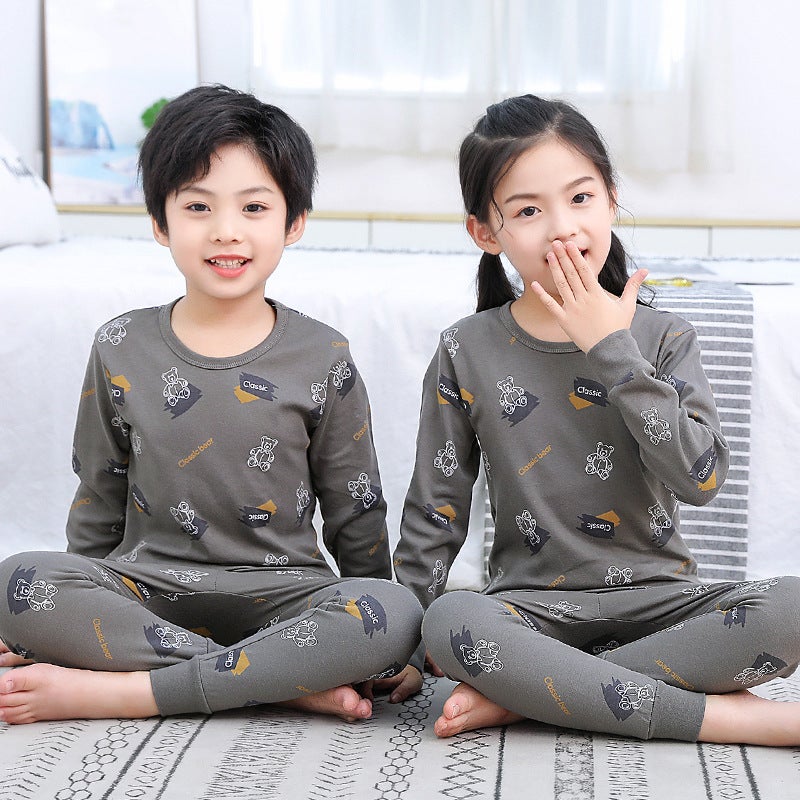 2023 new childrens clothing autumn and winter cotton underwear set boys and girls close-fitting underwear home clothing A autumn pants Deep Grizzly (set) 