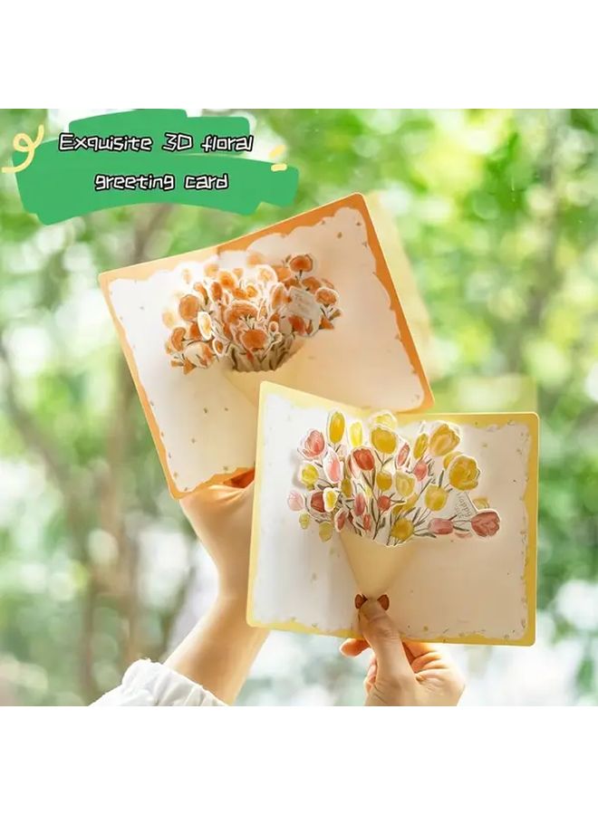 3D Pop Out Flower Bouquet Greeting Card Set Yellow Tulips 2pcs with Envelope - Image 2