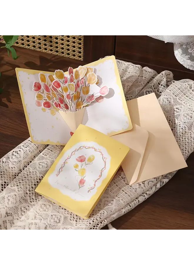 3D Pop Out Flower Bouquet Greeting Card Set Yellow Tulips 2pcs with Envelope - Image 3
