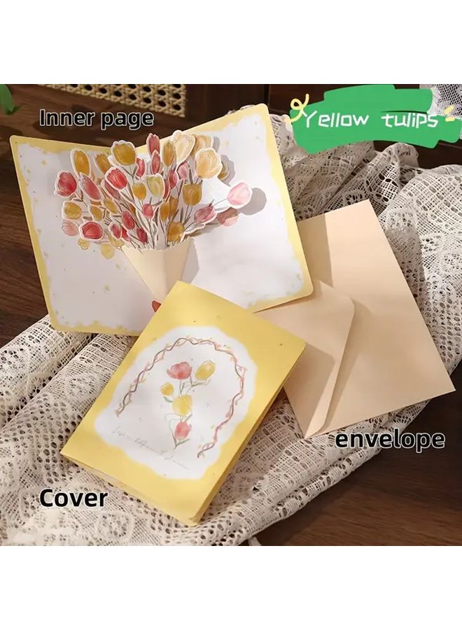 3D Pop Out Flower Bouquet Greeting Card Set Yellow Tulips 2pcs with Envelope - Image 1