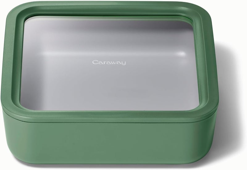 CARAWAY Glass Food Storage, 10 Cup Glass Container,Ceramic Coated Food Container,Easy to Store, Non Toxic, Non Stick Lunch Box Container with Glass Lids. Dishwasher, Oven,Square Shape,Sage - Image 1