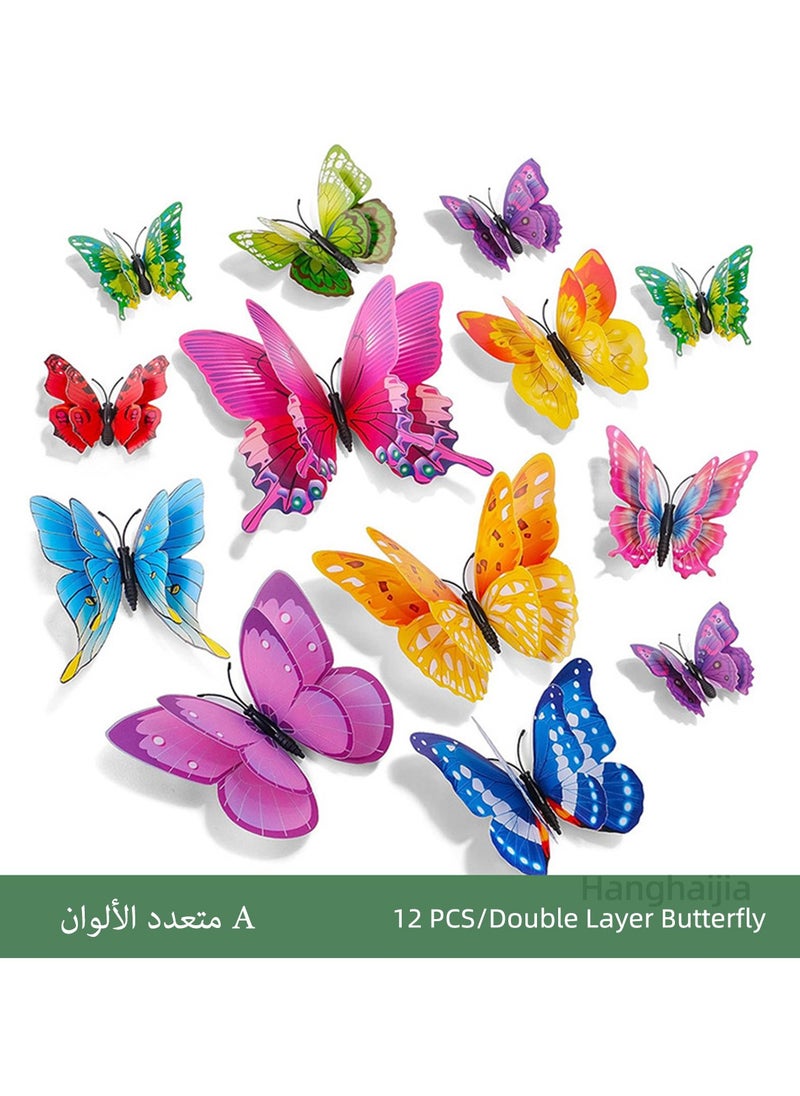 Hanghaijia 12 PCS 3D stereo simulation double layer butterfly wall stickers refrigerator stickers home decoration supplies kindergarten dress up photography props  - Image 1