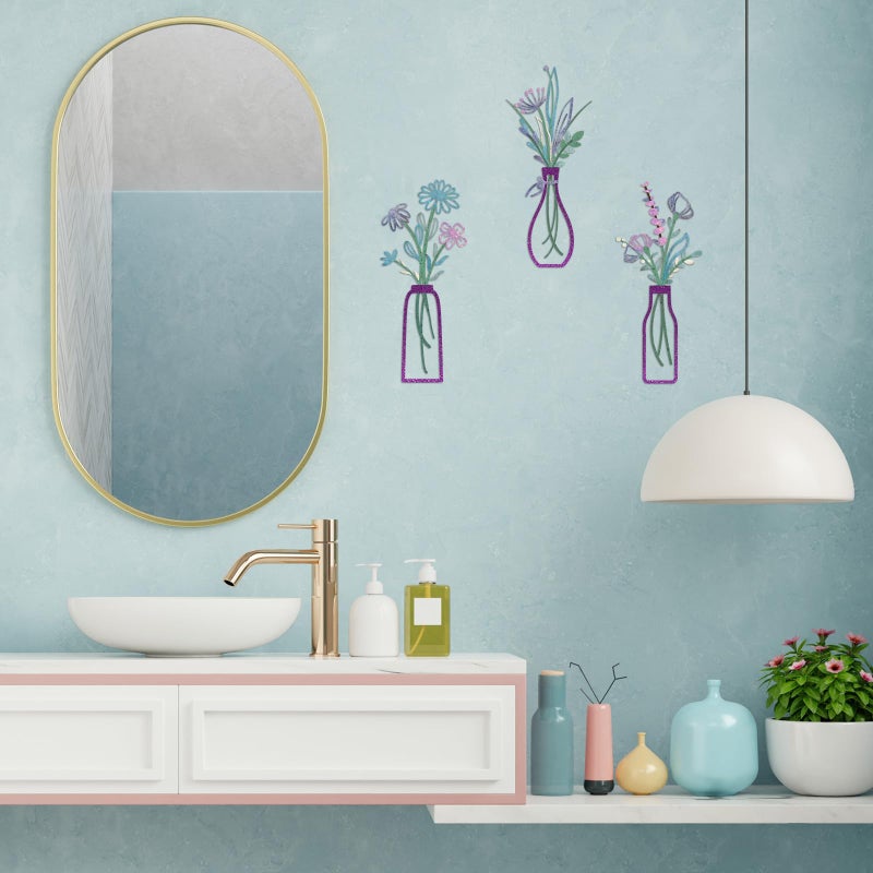 Pigort 3 Pieces Metal Flowers Wall Arts - Rustic Farmhouse Decor Purple Minimalist Flower Wall Decors for Living room Bathroom Bedroom Dining Room-Housewarming Gifts(Purple, Vase-C) - Image 5