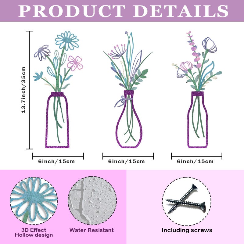 Pigort 3 Pieces Metal Flowers Wall Arts - Rustic Farmhouse Decor Purple Minimalist Flower Wall Decors for Living room Bathroom Bedroom Dining Room-Housewarming Gifts(Purple, Vase-C) - Image 2