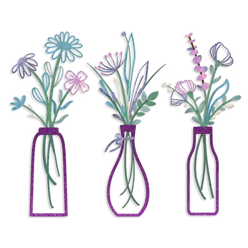 Pigort 3 Pieces Metal Flowers Wall Arts - Rustic Farmhouse Decor Purple Minimalist Flower Wall Decors for Living room Bathroom Bedroom Dining Room-Housewarming Gifts(Purple, Vase-C) - Image 1