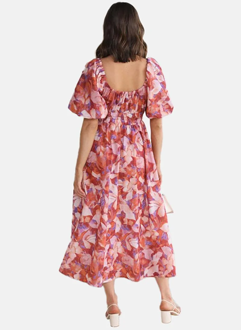 يونيكي Pink Flared Printed Off-shoulder Half Sleeve Dress
