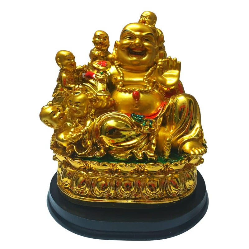 RIPE INDIA RIPE INDIA Feng Shui Laughing Buddha Showpiece with 5 Children for Health Wealth and Happiness 18 Cm Golden - Image 2