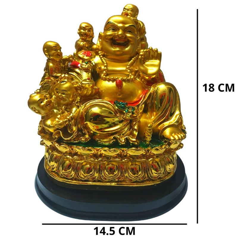RIPE INDIA RIPE INDIA Feng Shui Laughing Buddha Showpiece with 5 Children for Health Wealth and Happiness 18 Cm Golden - Image 3