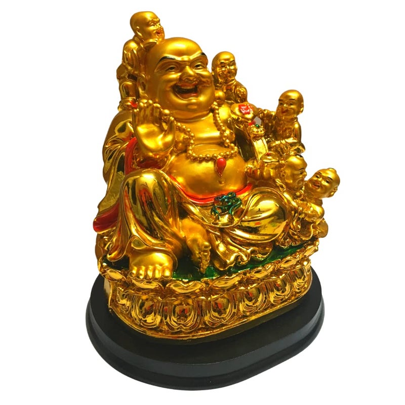RIPE INDIA RIPE INDIA Feng Shui Laughing Buddha Showpiece with 5 Children for Health Wealth and Happiness 18 Cm Golden - Image 4