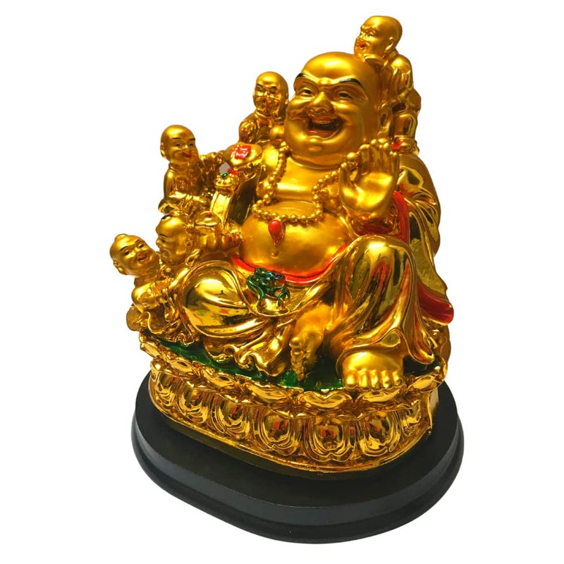 RIPE INDIA RIPE INDIA Feng Shui Laughing Buddha Showpiece with 5 Children for Health Wealth and Happiness 18 Cm Golden - Image 5