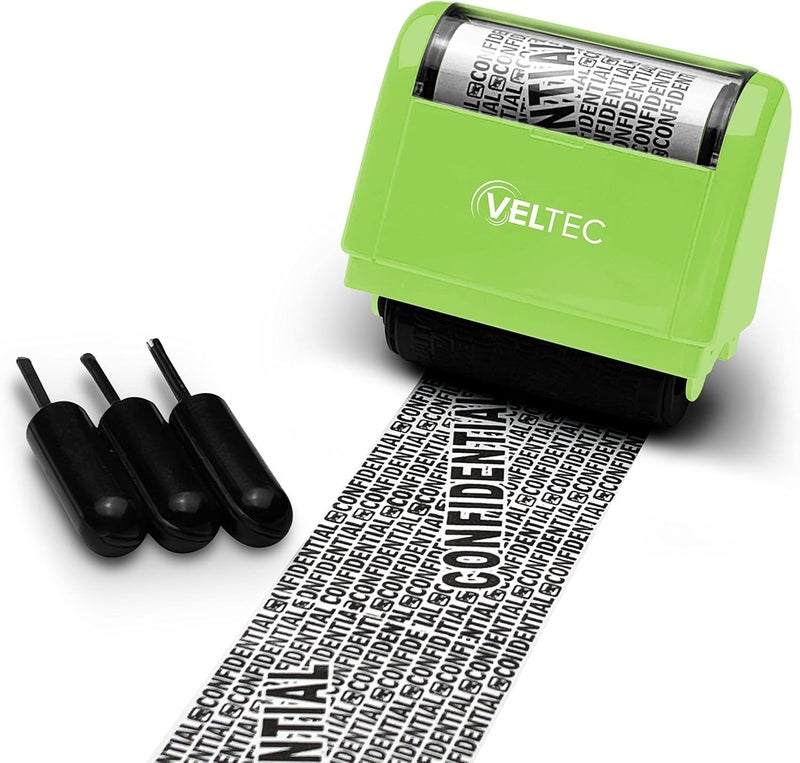 Veltec Identity Theft Protection Roller Stamp - Confidential Roller Stamp - Data Theft Protection Stamp - Anti Theft, Security and Privacy Guard Stamp - 3 Ink Refills (Green) - Image 1
