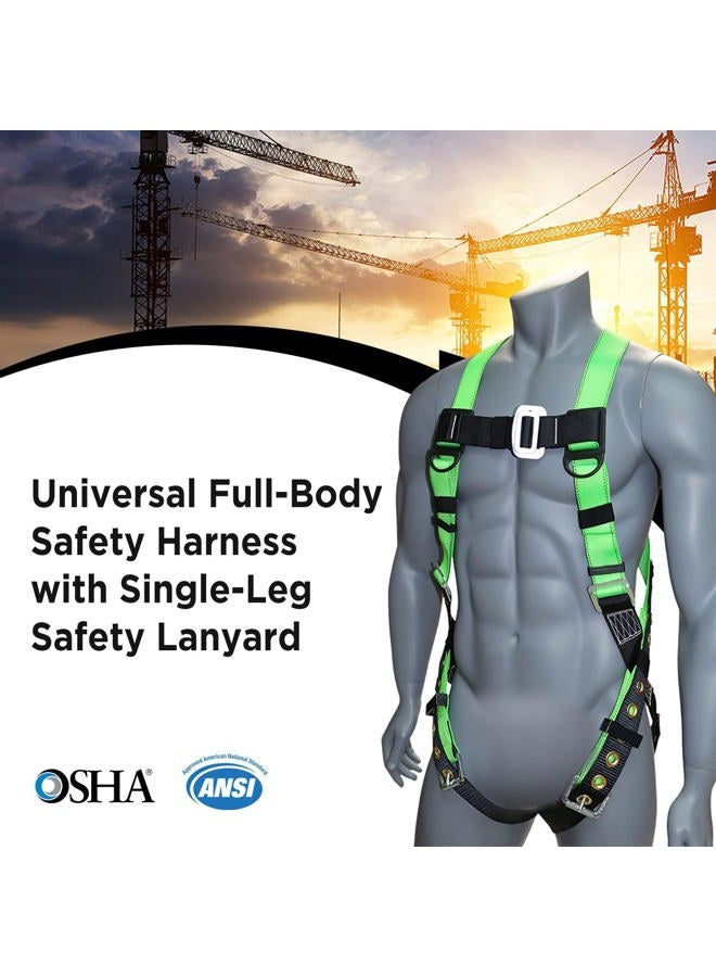 afp Universal Full-Body Fall Protection Safety Harness w/Dorsal D-Ring Tongue Buckle Legs Hi-Viz Green, Shock Absorbing Lanyard (OSHA/ANSI Rated) (1 Pack, Harness + Single Leg Lanyard w/Snap Hooks) - Image 2
