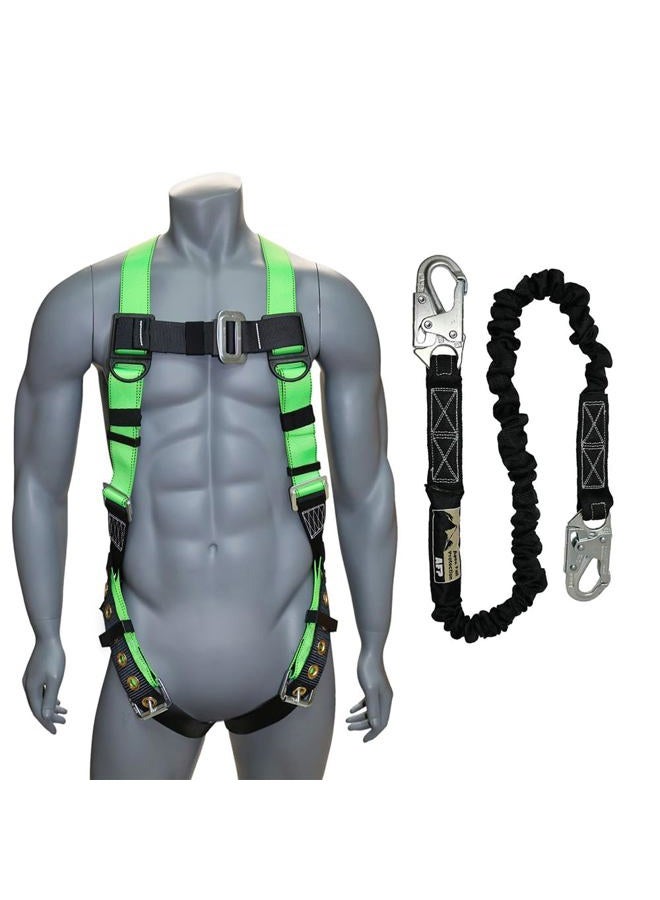 afp Universal Full-Body Fall Protection Safety Harness w/Dorsal D-Ring Tongue Buckle Legs Hi-Viz Green, Shock Absorbing Lanyard (OSHA/ANSI Rated) (1 Pack, Harness + Single Leg Lanyard w/Snap Hooks) - Image 1