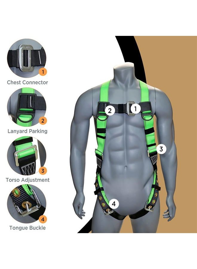 afp Universal Full-Body Fall Protection Safety Harness w/Dorsal D-Ring Tongue Buckle Legs Hi-Viz Green, Shock Absorbing Lanyard (OSHA/ANSI Rated) (1 Pack, Harness + Single Leg Lanyard w/Snap Hooks) - Image 5