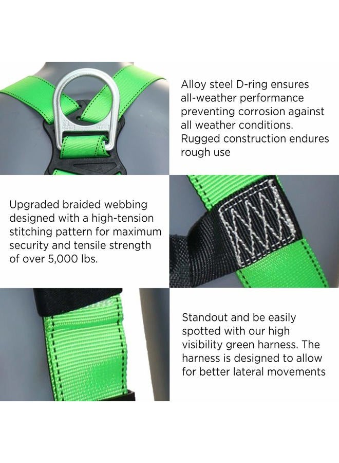 afp Universal Full-Body Fall Protection Safety Harness w/Dorsal D-Ring Tongue Buckle Legs Hi-Viz Green, Shock Absorbing Lanyard (OSHA/ANSI Rated) (1 Pack, Harness + Single Leg Lanyard w/Snap Hooks) - Image 4