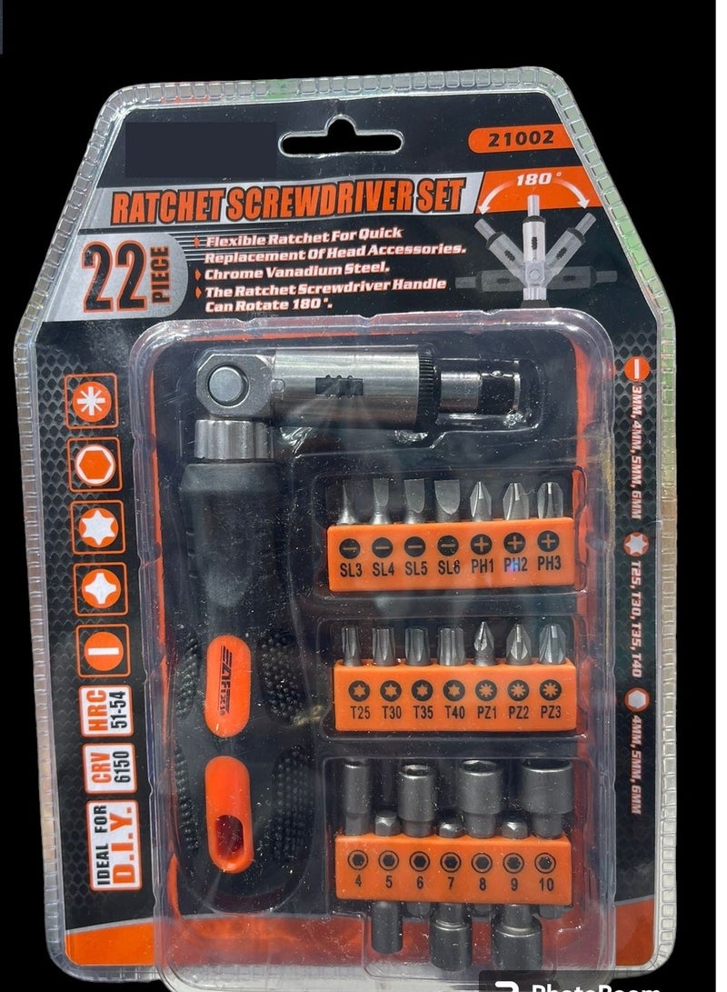 22-Piece Flexible-Head Ratcheting Screwdriver Set Orange/Black/Silver