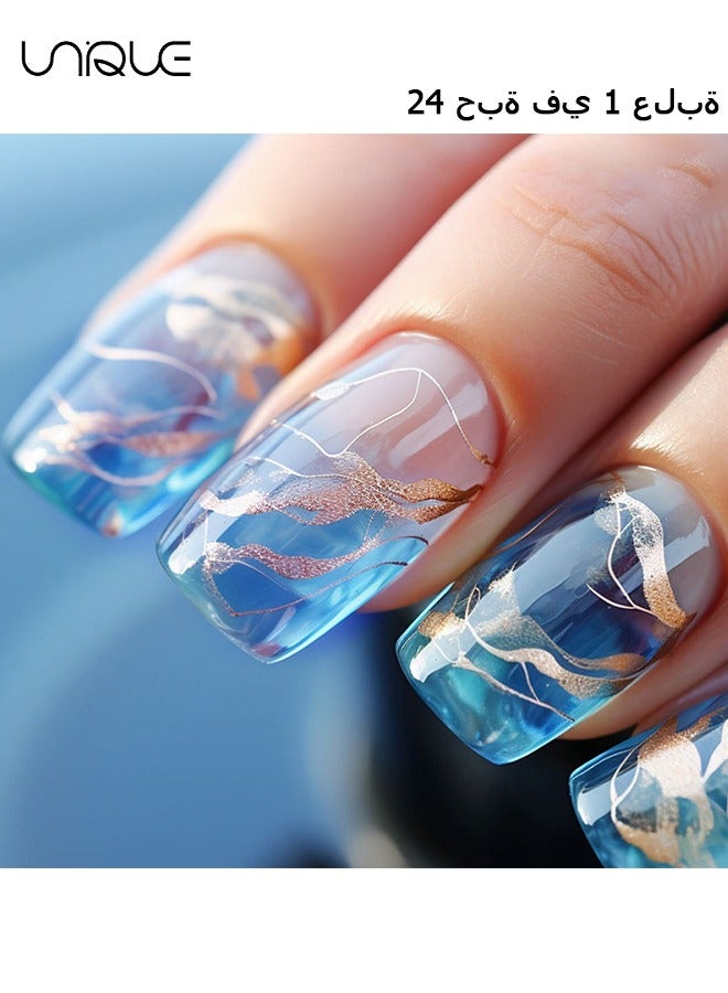 يونيك 24 قطعة أظافر مزيفة ، أظافر مكبس ، مانيكير باليه متوسط الطول - مانيكير أزرق متدرج - فن أظافر خط رقائق الذهب - رقعة أظافر مزيفة - Image 1