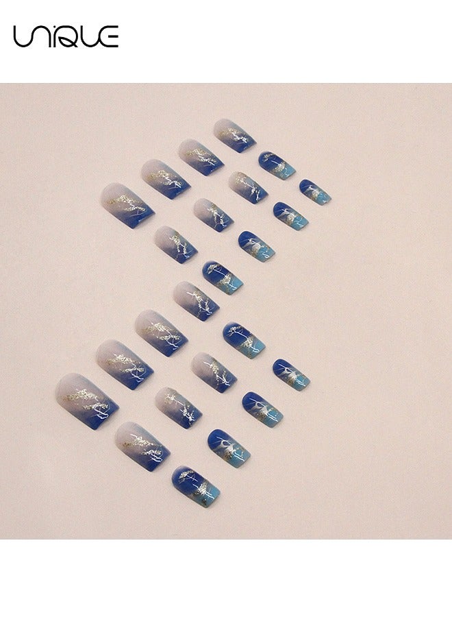 يونيك 24 قطعة أظافر مزيفة ، أظافر مكبس ، مانيكير باليه متوسط الطول - مانيكير أزرق متدرج - فن أظافر خط رقائق الذهب - رقعة أظافر مزيفة - Image 3