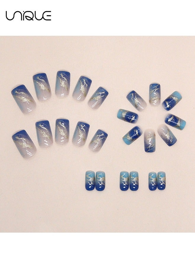 يونيك 24 قطعة أظافر مزيفة ، أظافر مكبس ، مانيكير باليه متوسط الطول - مانيكير أزرق متدرج - فن أظافر خط رقائق الذهب - رقعة أظافر مزيفة - Image 4